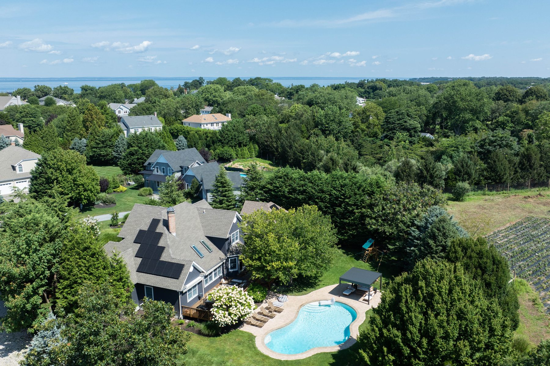 Aerial view of the pool, deck, and backyard